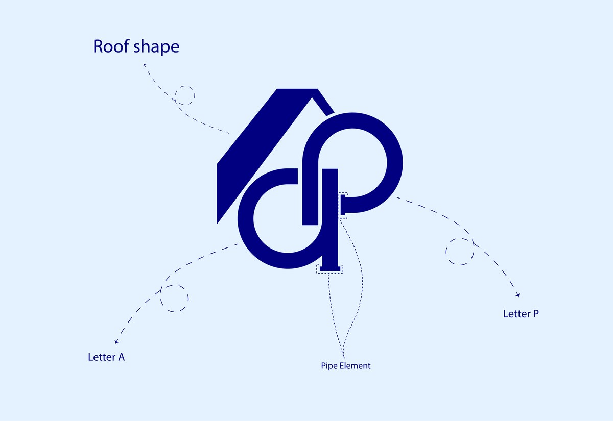 Construction breakdown of the AU PaRC mark showing the roof shape, pipe element, and A and P letterforms