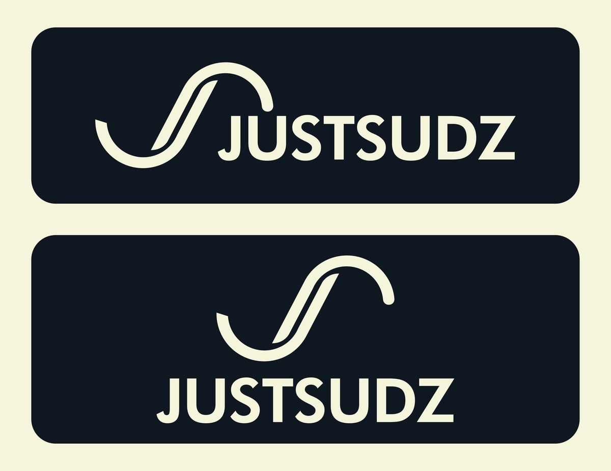 Justsudz logo lockup, cream on dark