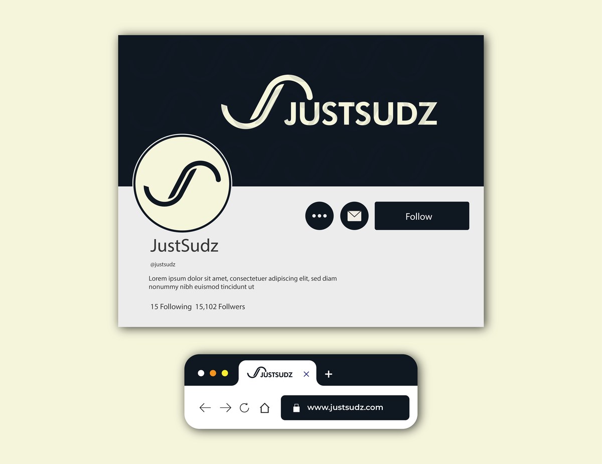 Justsudz social media profile and browser tab mockup