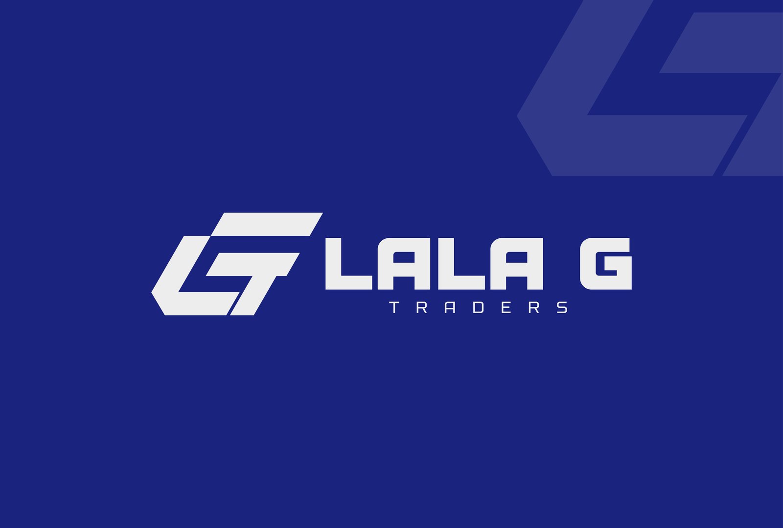 Lala G Traders primary logo lockup on navy background