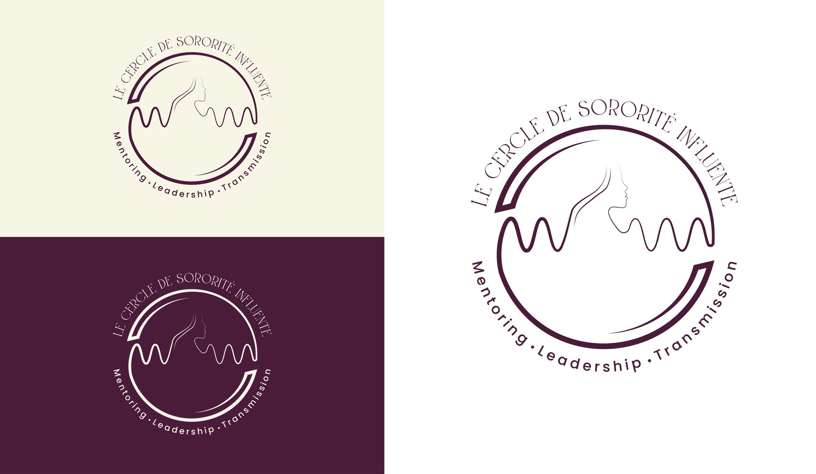 Le Cercle de Sororité Influente logo shown in both burgundy-on-cream and cream-on-burgundy color modes